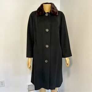 Vintage 100% Mongolian Cashmere Coat Real Fur Collar Black ILGWU‎ Union Made